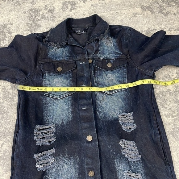 Thrill Jeans Destructed Destroyed Slashed Denim Jean Jacket Longline Oversized M - Picture 7 of 10